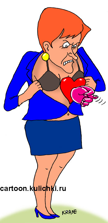 Карикатура о жестокой женщине. Вместо сердца у нее фига выросла.