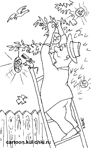 Карикатура о дачных работах. Дачник развешивает на ирге лазерные диски, чтобы отпугнуть птиц. Мышонок причесывается.