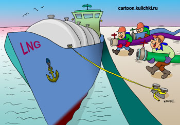 Карикатура. Нефтеналивной танкер у причала. Нефтяники подключают свои трубопроводы.