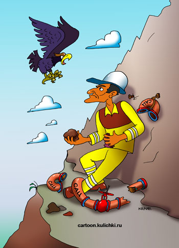 Карикатура. Азербайджанский нефтяник как Прометей кидает камень в орла.