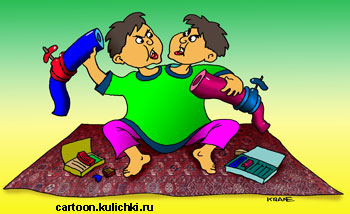 Карикатура о нефтепроводе через Таджикистан. На таджикском ковре ребенок с двумя головами играет нефтепроводами.