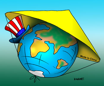 Карикатура о сотрудничестве с Китаем. Земной шар накрыт китайской соломенной шляпой и немного американским цилиндром.