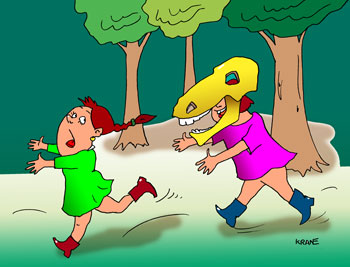 Карикатура о Хэллоуине.  Девочка одела на голову череп лошади и смертельно напугала свою подругу.
