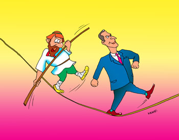 Карикатура о канатоходце. Чиновник легко шагает по канату, а русский мужик с шестом еле-еле балансирует в лаптях.