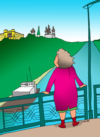 Карикатура о видах города Тюмени. Вид с моста влюбленных на строительную академию и Знаменский монастырь.