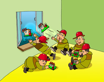 Карикатура о АЗС. Нефтяники играют с АЗС и выбрасывают свои игрушки в окно, а потом горько плачут.