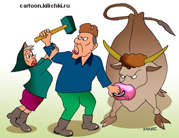 Карикатура о быке. Скотник хотел кувалдой забить быка на мясо с голодухи. Но доярка не дала.