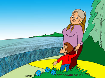 Карикатура о русском поле. Мать с сыном у голубого поля с васильками.