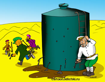 Карикатура о Сухове. Сухов не знает как быть – басмачи продырявили нефтяную цистерну и нефть вытекает.