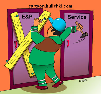 Карикатура о забивании дверей досками крест на крест. Таджикский нефтяник машет молотком по пальцам и гвоздям.