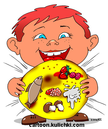 Карикатура про пиццу с грибами и мясом. Мальчик с круглым лицом как у пиццы. 