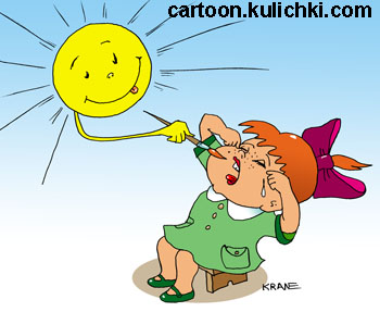 Карикатура о веснушках. Девочка плачет. Солнце нарисовла на ее лице веснушки.