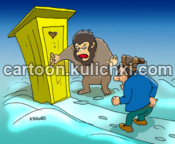 Карикатура о снежном человеке. Мужик торопился в туалет, но дорогу перегородил снежный человек.