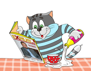 Карикатура о рекламе журнала EXRUS. Кот увлекся чтением журнала и льет молоко из бутылки мимо чашки.
