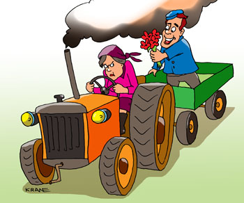 Карикатура о трактористке. Женщина работает на тракторе с прицепом, а мужчина на прицепе дарит ей букет цветов.