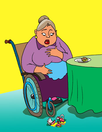 Карикатура о разбитой чашке. Бабушка пила чай и уронила на пол чашку красную в белый горошек. Пенсионерка в инвалидной коляске.