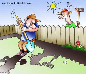 Карикатура про дачников. Добрососедские отношения. Соседу не нравится тень от соседа через забор.