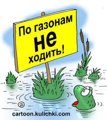 Карикатура о по газонам не ходить. Лягушка рот разинула на табличку по газонам не ходить установленную на болотную кочку.