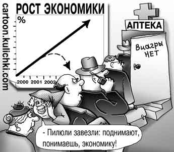 Карикатура про рост экономики. В очереди в аптеку чиновники за виагрой поднимающей висящую экономику.