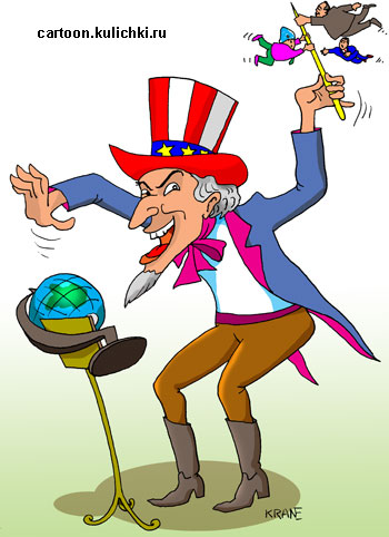 Карикатура про мировое господство. Дядя Сэм дирижирует всем миром.