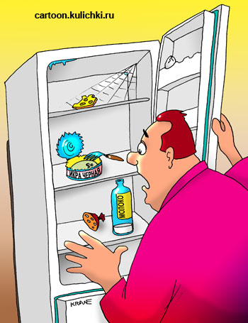 Карикатура про кризис. В кризисное время в холодильнике только объедки от прошлой сытой жизни.