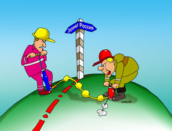 Карикатура о газопроводе. Российский нефтяник качает насосом нефть за границу, а на встречу ему качает насос иностранный нефтяник.