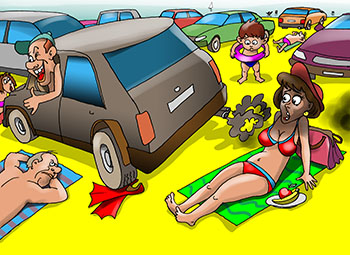 Карикатура о стоянке на пляже. Стоит депутат и говорит «Большая парковка готова!». Машины аккуратно припаркованы и стоят в ряд, в выделенной зоне для парковки. С другой стороны видно море, солнце, все загорают и плавают.