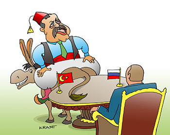 Карикатура об Эрдогане. За круглым столом переговоров сидит Путин и Эрдоган на осле задом наперед