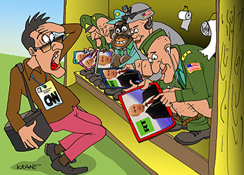Карикатура про российская пропаганда. Солдат Швейк. Американские солдаты смотрят телеканал RT даже в туалете. Чем больше запрещают, тем больше интереснее слушать Путина.