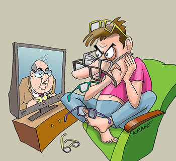 Карикатура про очки и новости. Телезритель меняет очки, но видит по телевизору не то что видит в жизни.