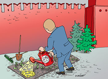 Карикатура про грядку под стенами Кремля. Чиновник поливает из лейки рублями свою грядку.