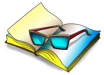 Карикатура о чтении. Открытая книга и очки