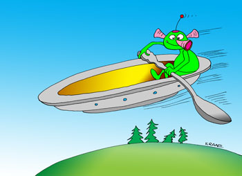 Карикатура об НЛО. Зеленый человечек летит на летающей тарелке управляя серебряной ложкой.