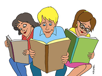 Карикатура о чтении книг. Студенты читают книги и методички к учебникам.