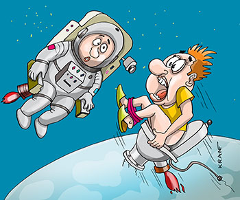 Карикатура про полёт на унитазе. Мужик улетел на унитазе в космос и встретился с космонавтом в открытом космосе. Реактивная тяга от газов из унитаза разогнала керамический стул до второй космической скорости.