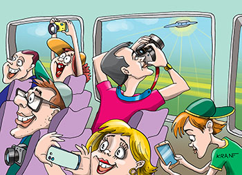 Карикатура про НЛО. Туристический автобус. Туристы смотрят на достопримечательности по указанию экскурсовода и не замечают НЛО.