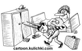 Карикатура про женскую измену. Возвратившись из командировки муж рогоносец пронзает своими рогами шкаф где прутся любовники жены.
