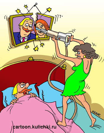 Карикатура про любовь. Любовница отбойным молотком разбивает супружескую пару. Семья раскалывается на две половины. 