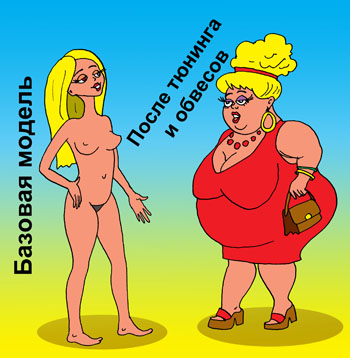 Карикатура об ожирении. Базовая модель. После тюнинга и обвесов. Проблема лишнего веса. Стройная девушка и разжиревшая от булочек.