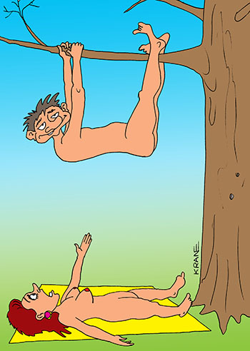 Карикатура про ленивого Адама и Еву. Адам и Ева после изгнания из Рая. Адам взобрался на яблоню и повис как ленивец. Она ждет любви. Муж ленивый.