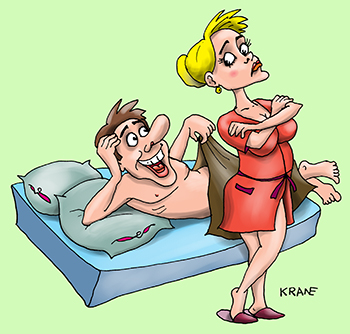 Карикатура про дружбу. Дружба между женщиной и мужчиной плавно скатывается в постель.