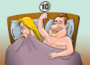 Карикатура про оценку за секс. Мужчина оценивает секс с девушкой