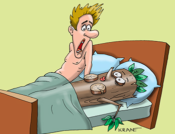 Карикатура про бревно в постели. Мужчина утром обнаружил в постели рядом с собой бревно.