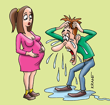 Карикатура про беременность. Девушка беременная. Парень узнав, что станет отцом ревет.