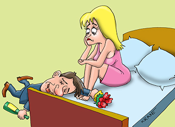 Карикатура про пьяного любовника. Девушка не дождалась жениха. Мужчина пьяный пришел на свидание и уснул с букетом цветов.
