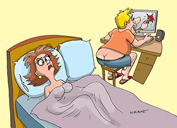Карикатура про игру на компьютере. Жена легла спать, а муж играет за компьютором.