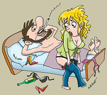 Карикатура про любовника. Девушка после свидания с мужиком одевается домой
