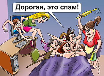 Карикатура про спам. Зашел на сайт случайно и теперь девушки лезут как спам в постель. Жена со скалкой наводит порядок.