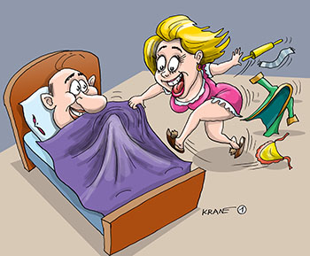 Карикатура про ёлочку с сюрпризом. Жена увидела, что у мужа под одеялом что-то поднялось. Оказалось, что это новогодняя ёлка.
