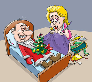 Карикатура про ёлочку с сюрпризом. Жена увидела, что у мужа под одеялом что-то поднялось. Оказалось, что это новогодняя ёлка.